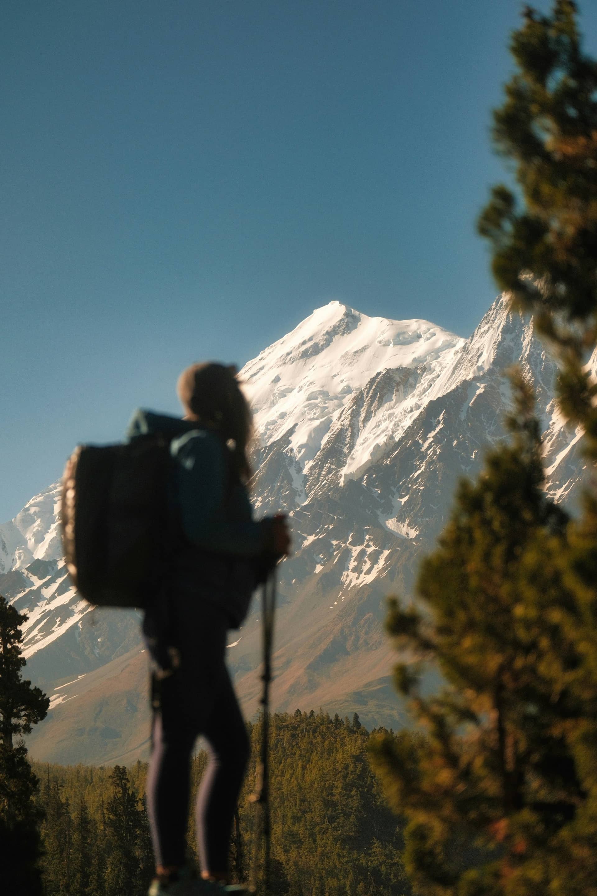 Hiker looking towards a snow-capped mountain