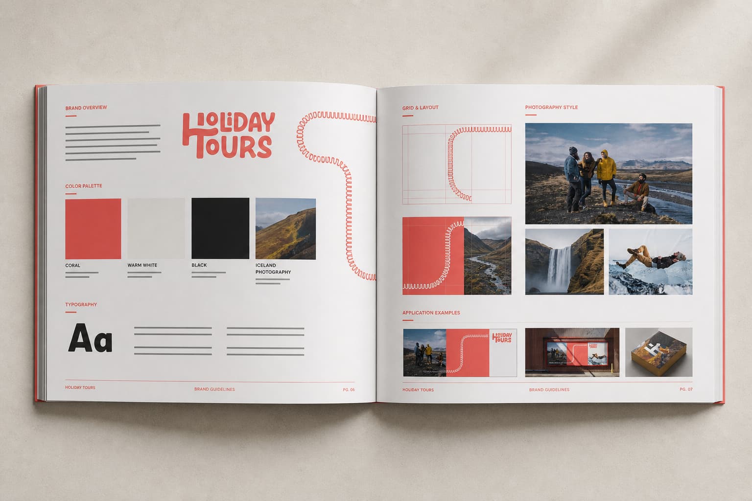 Holiday Tours brand-guidelines book visual assembled from the identity applications