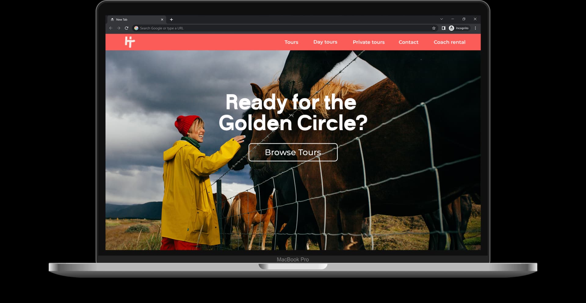 Holiday Tours website concept shown on a laptop with a traveler beside Icelandic horses