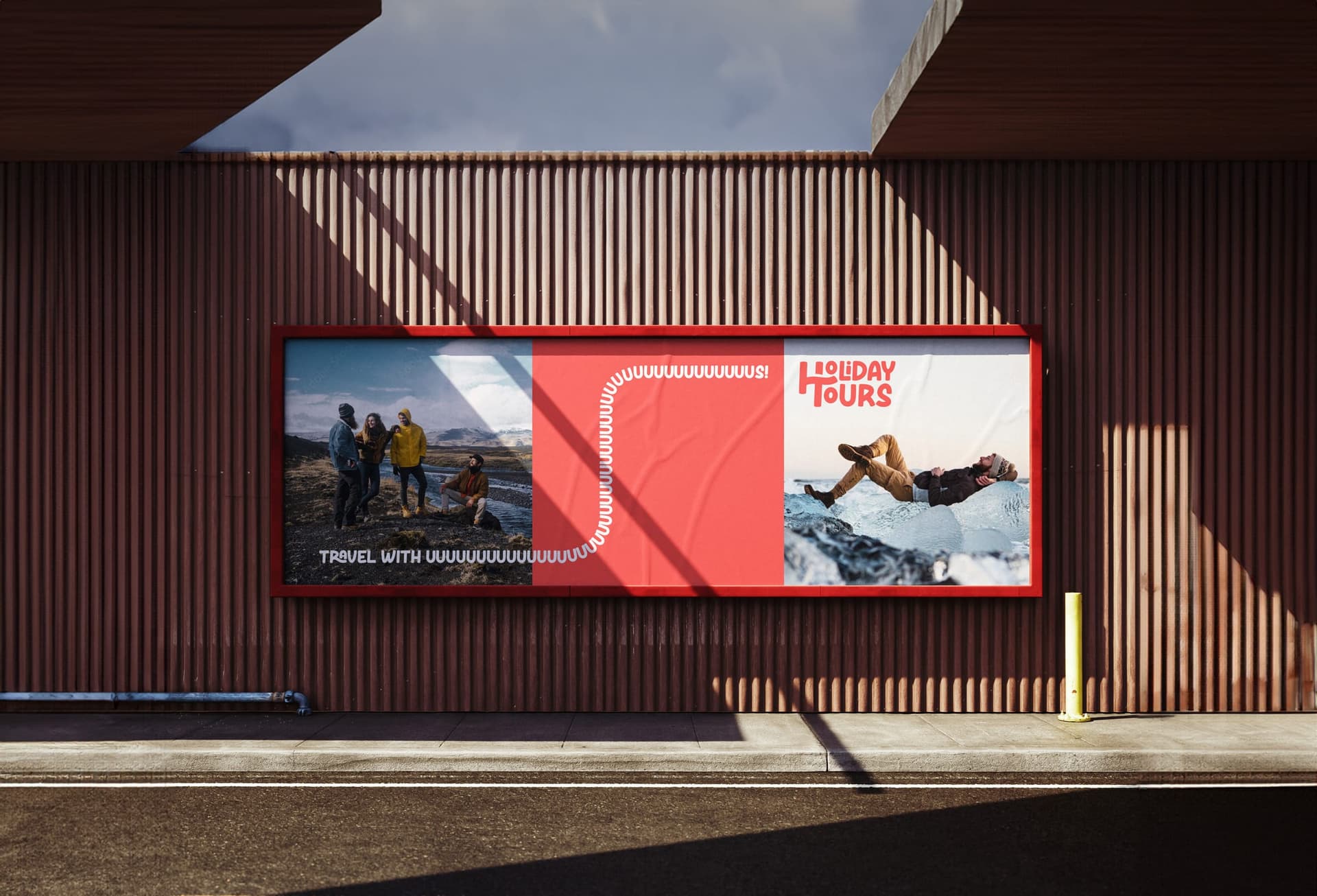 Three Holiday Tours posters with traveler photography and an extended greeting