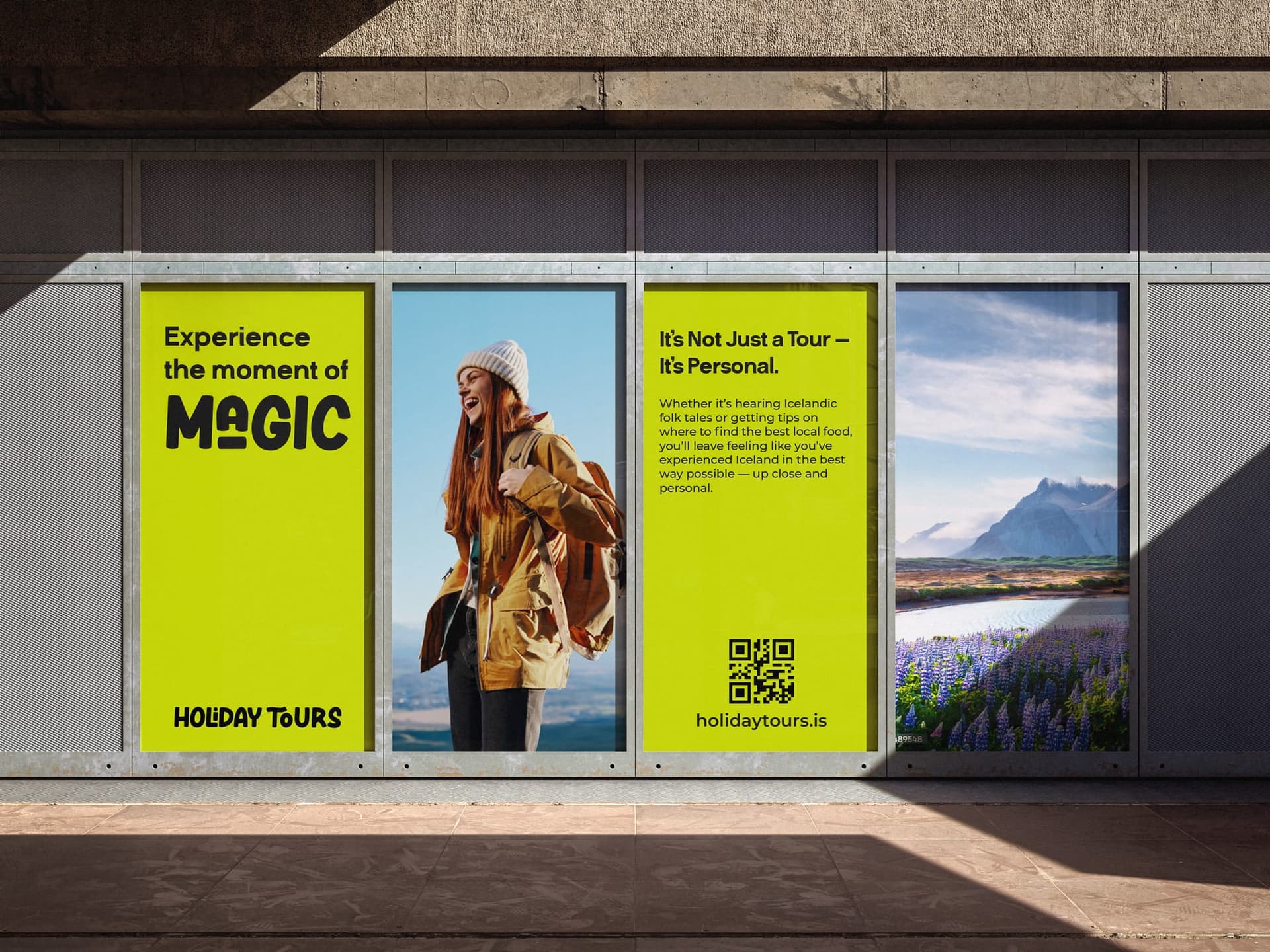 Four-panel Holiday Tours wall campaign with a traveler, Iceland landscape and lime-green messages
