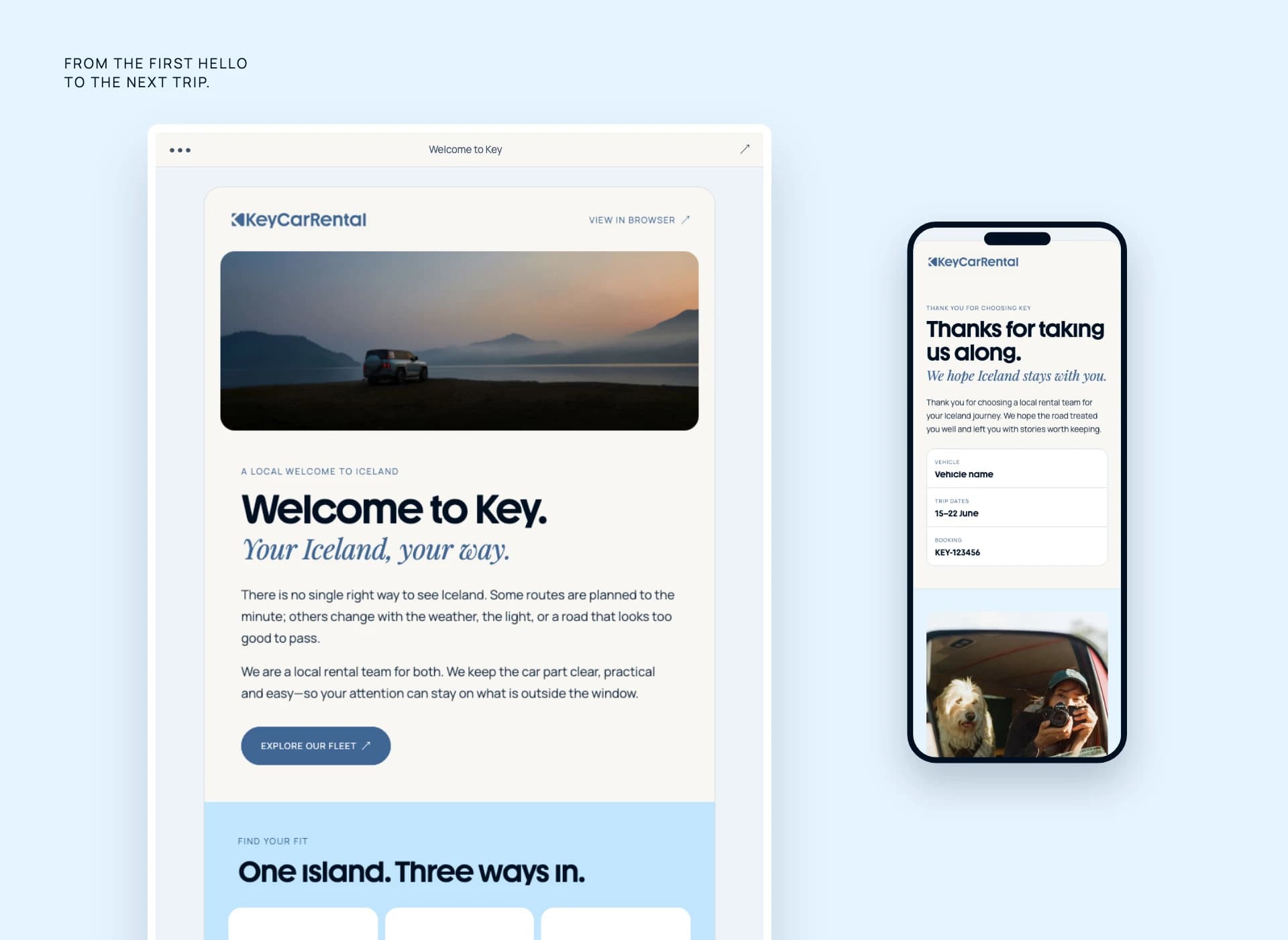Key welcome email on desktop and post-trip thank-you email on a phone