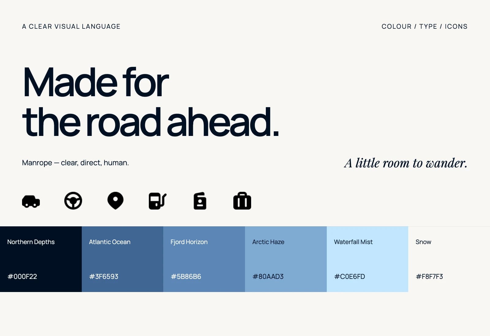 Manrope typography, travel icons and six colours from deep Atlantic blue to warm white