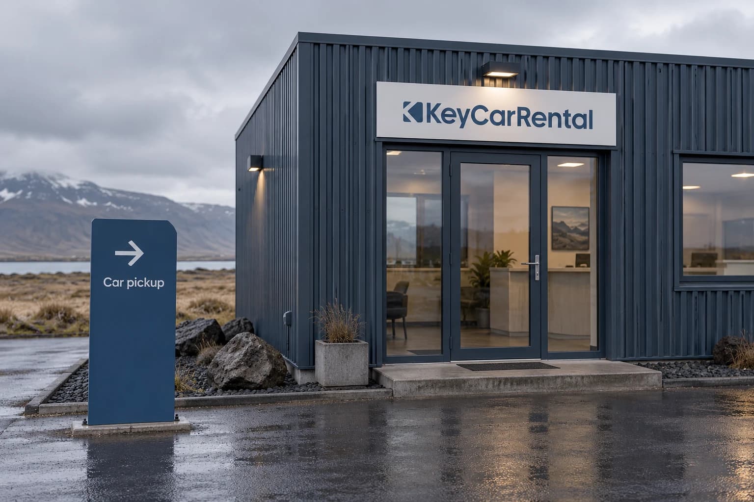 Key Car Rental sign on a dark corrugated office with a blue car pickup direction sign