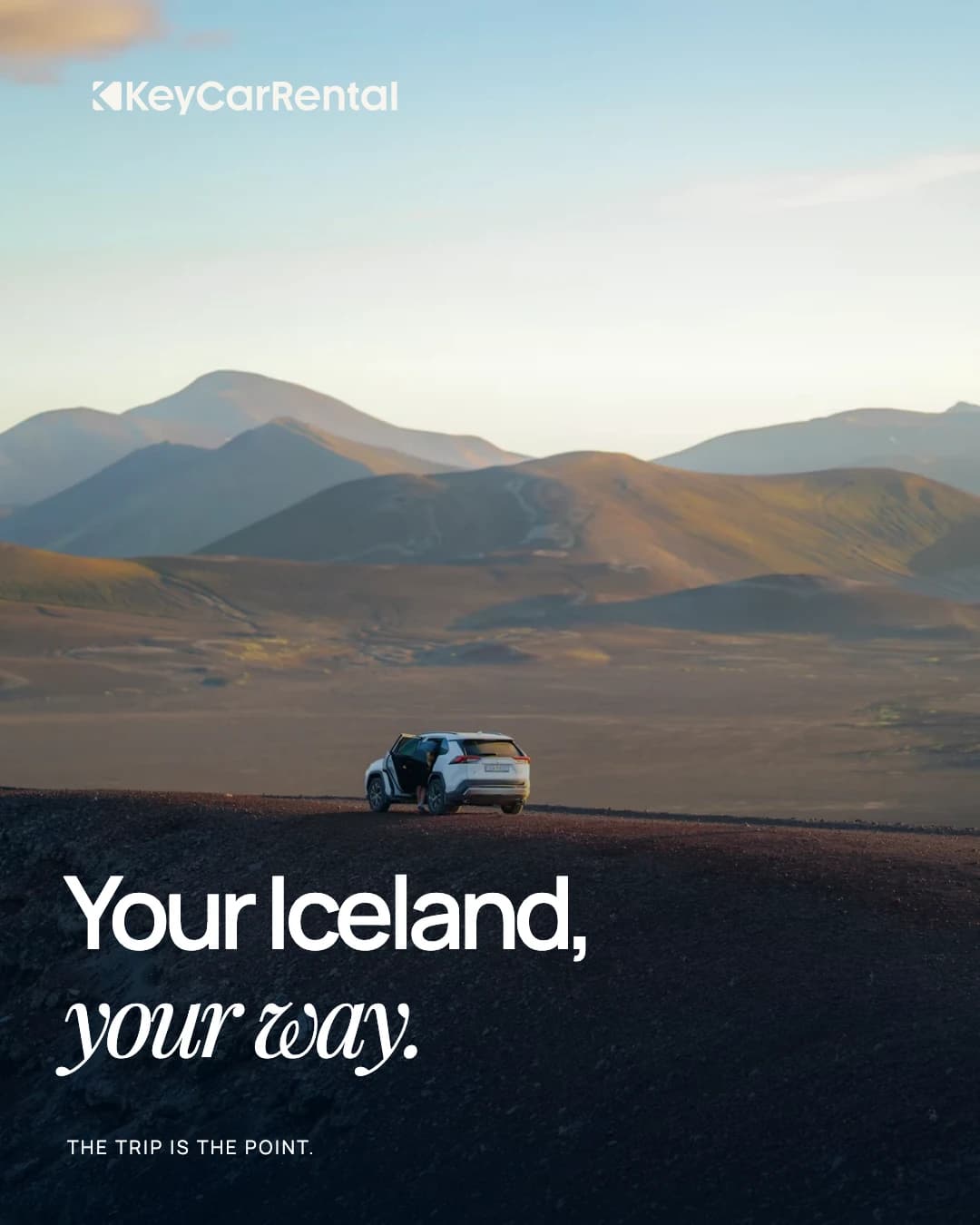 Key social design with a car among Icelandic hills and Your Iceland, your way