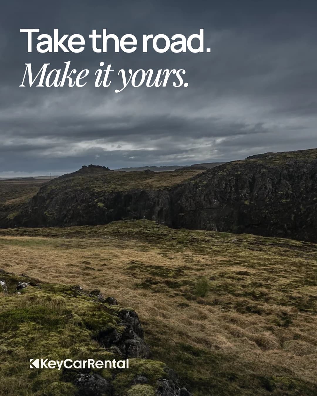 Key social design showing an Icelandic cliff landscape under an overcast sky