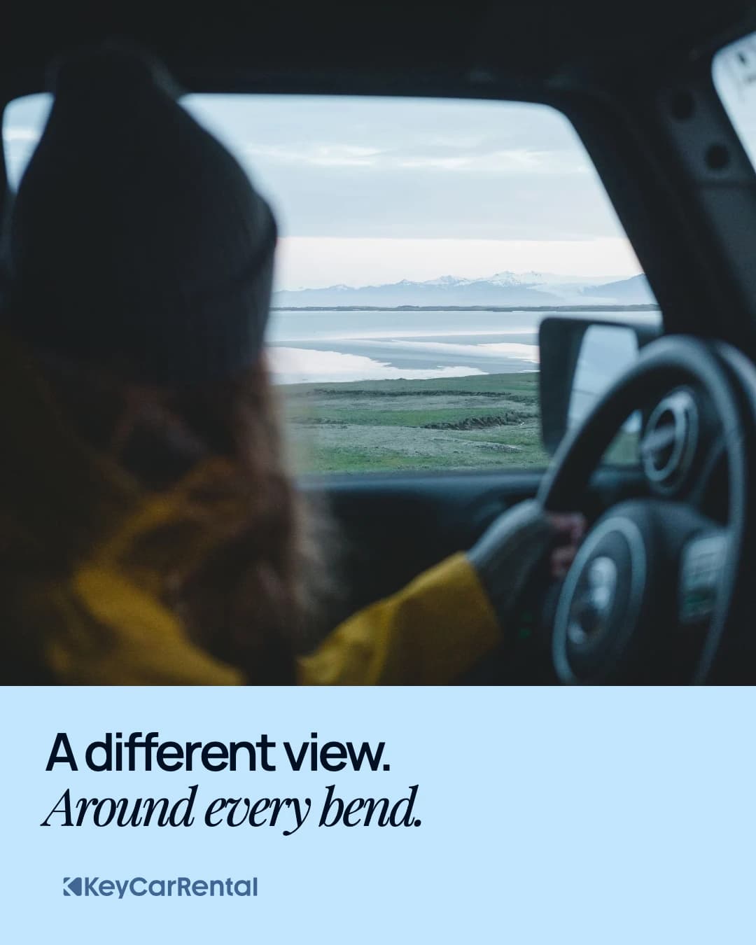 Key social design with a view from inside a car and a pale blue caption panel