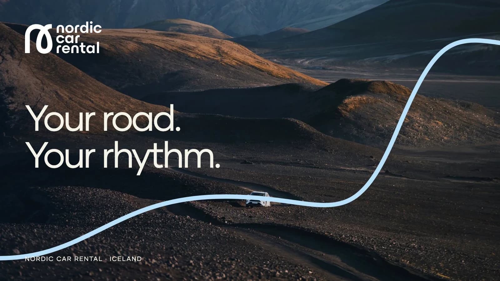 Nordic Car Rental identity over an Icelandic highland landscape