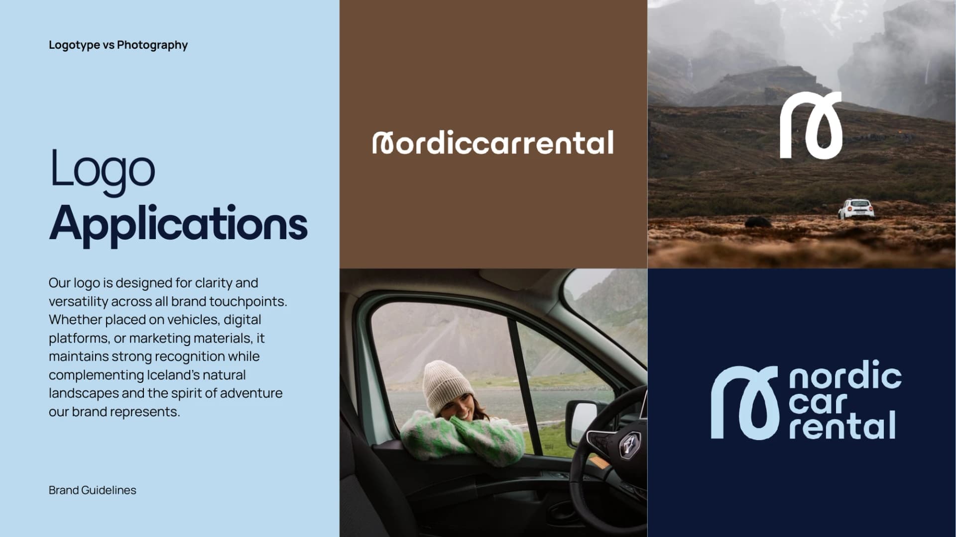 Original Nordic Car Rental guide showing logo applications on photographs and color backgrounds