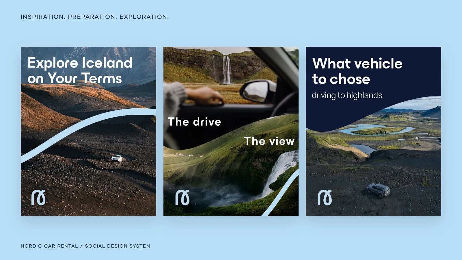 Animated Nordic Car Rental social designs transitioning into an aurora carousel