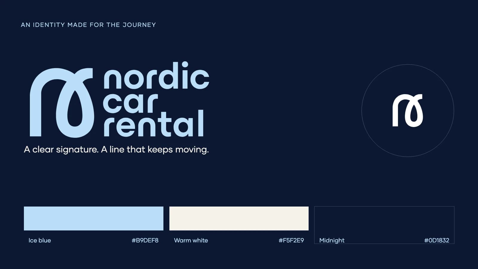 Nordic Car Rental logo, symbol and navy, ice-blue and warm-white presentation palette