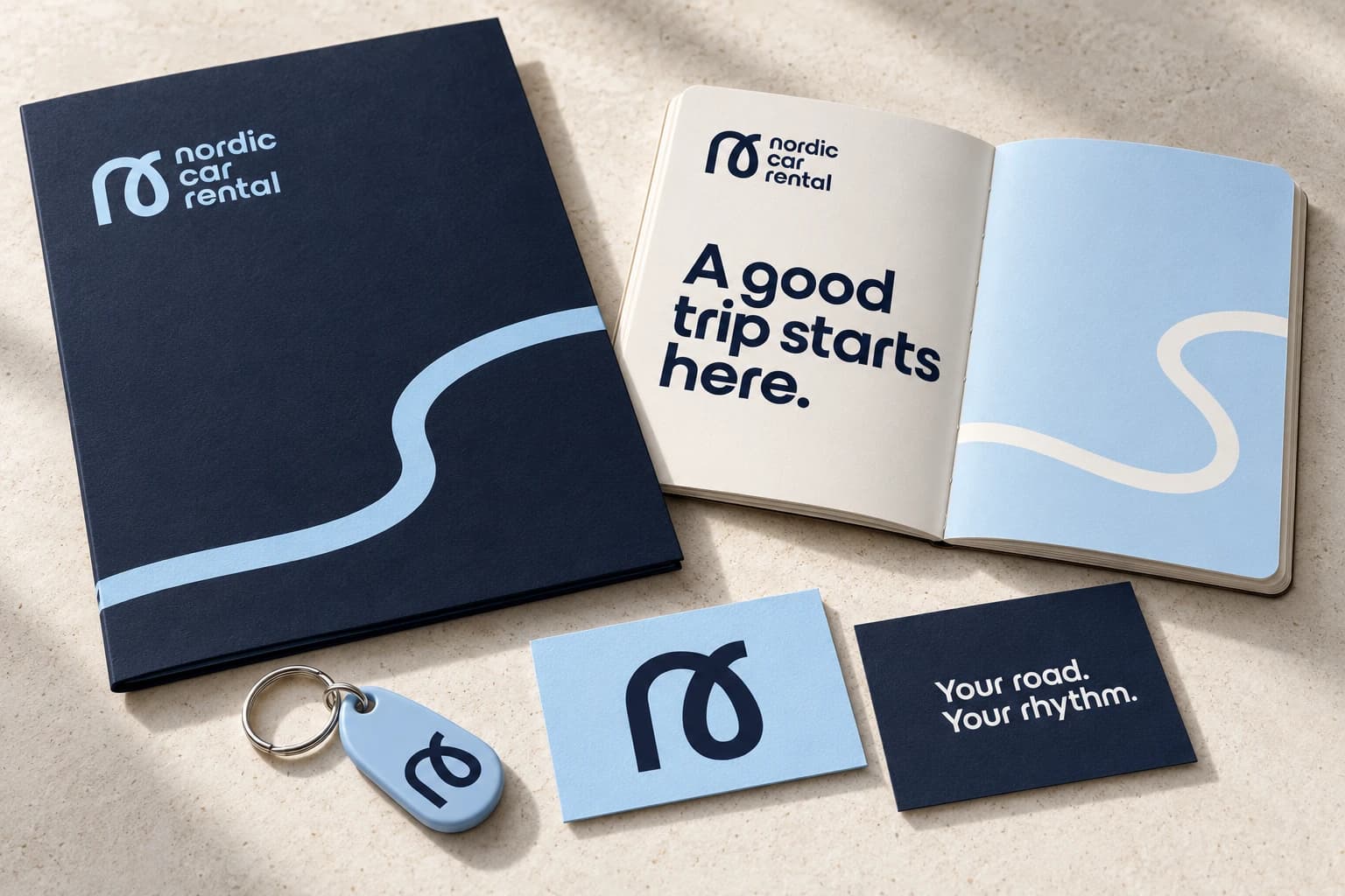Nordic Car Rental document folder, travel journal, welcome cards and key fob stationery concept