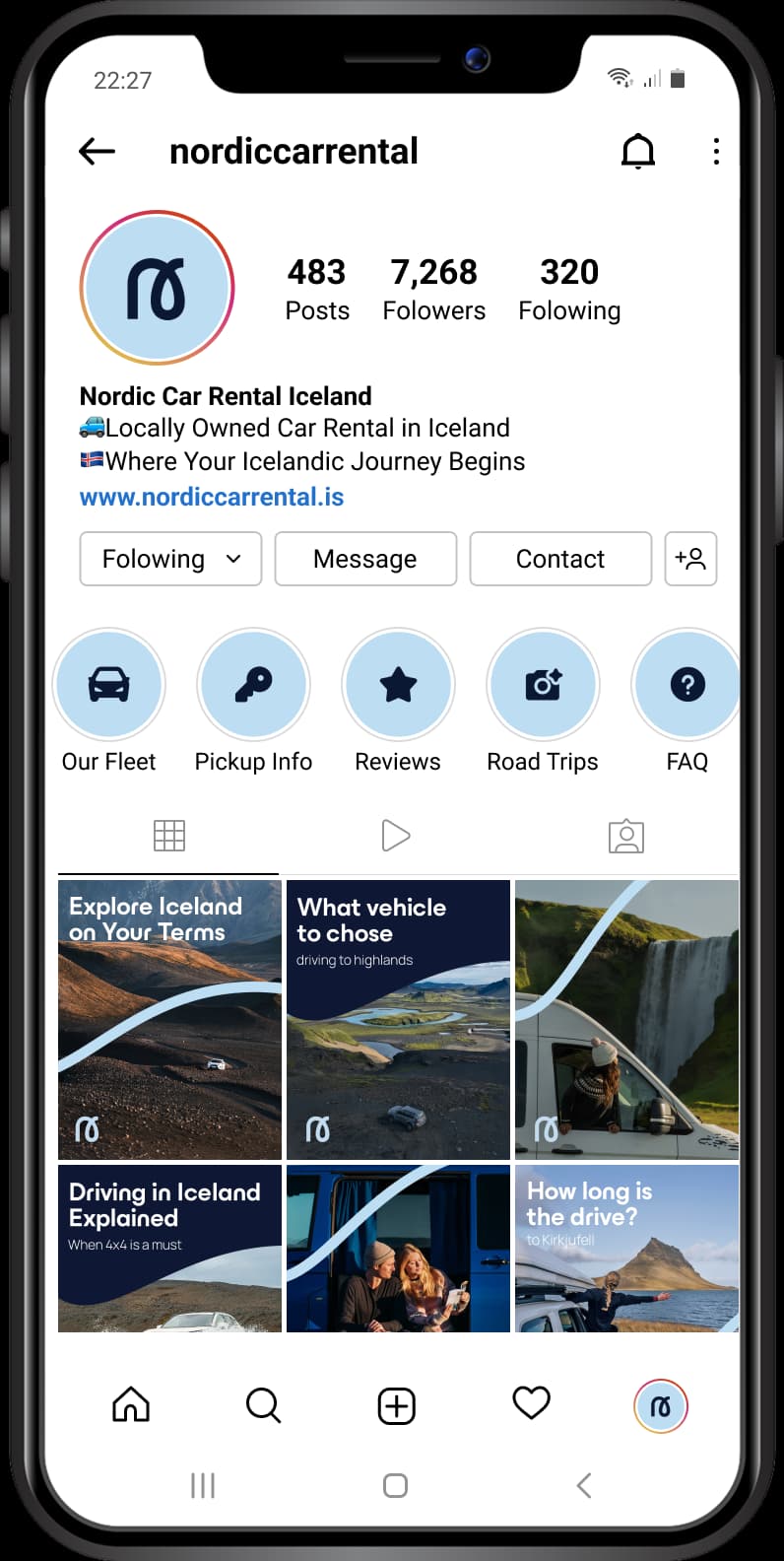 Nordic Car Rental Instagram profile showing the coordinated brand identity and social designs