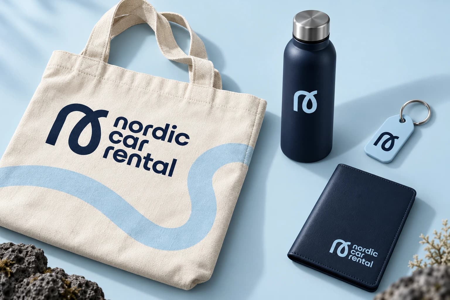 Nordic Car Rental canvas tote, navy flask, pale-blue key tag and document wallet concept
