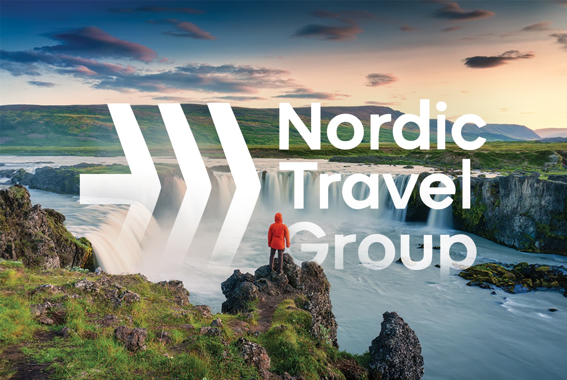 Nordic Travel Group business card with a large chevron mark over an Iceland waterfall