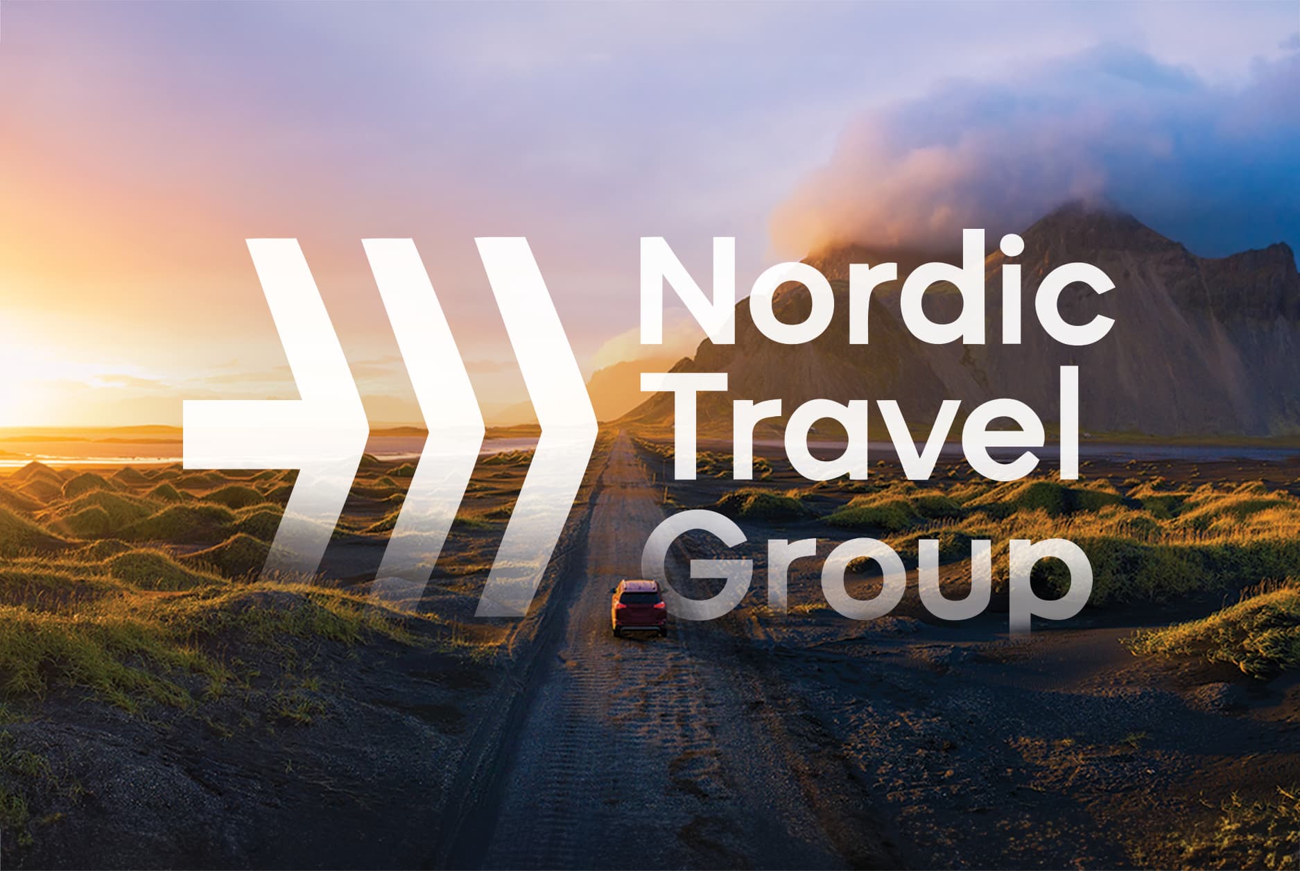 Nordic Travel Group business card with a large chevron mark over an Iceland road