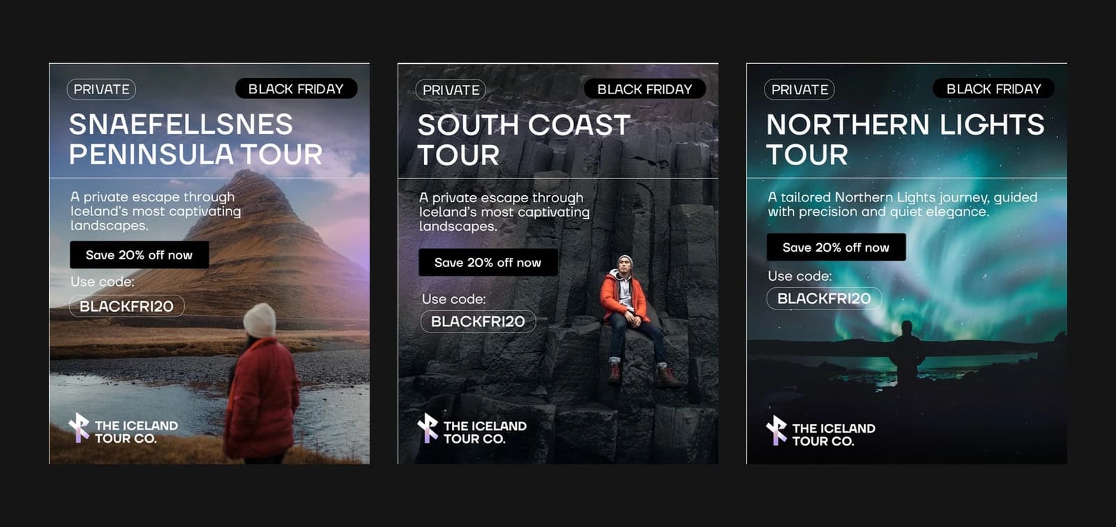 Original Snæfellsnes, South Coast and Northern Lights campaign designs presented together