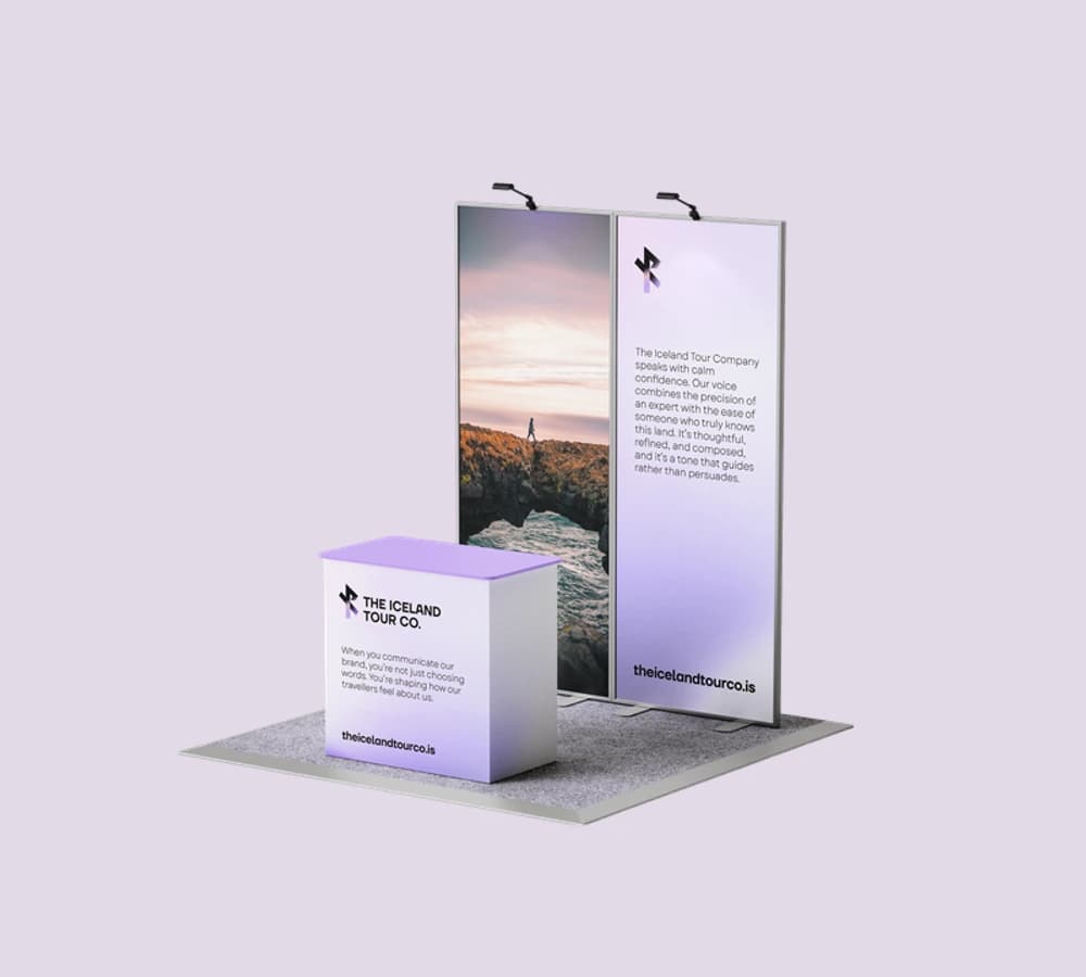 Original exhibition-display study with a landscape panel and branded counter