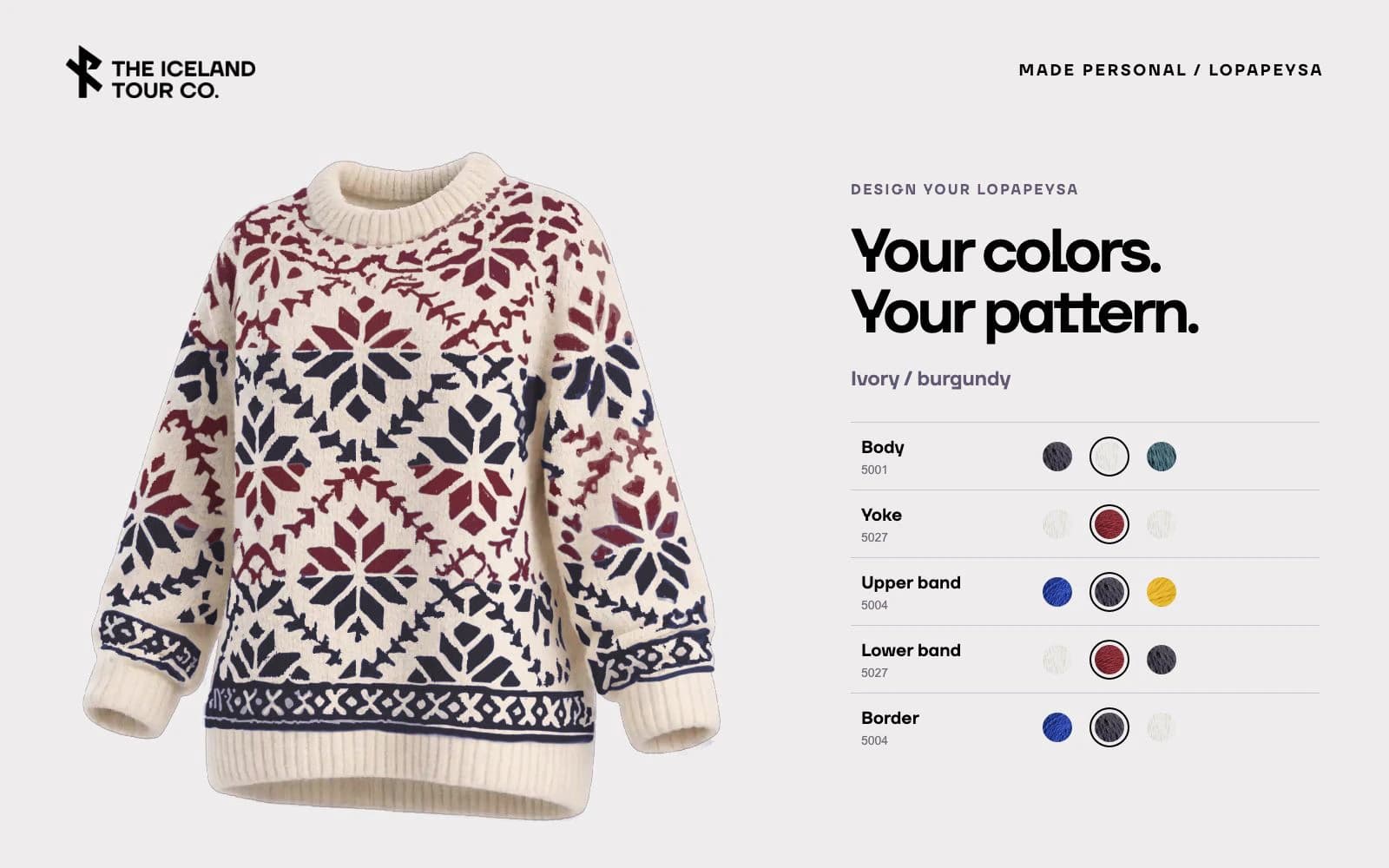 A textured Lopapeysa changes all five yarn regions through three contrasting color combinations