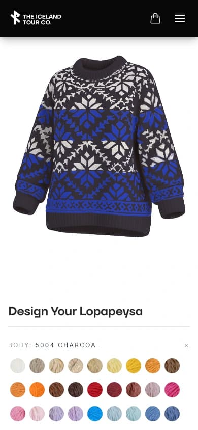 Live mobile Lopapeysa builder with charcoal body, ivory yoke and royal-blue pattern bands