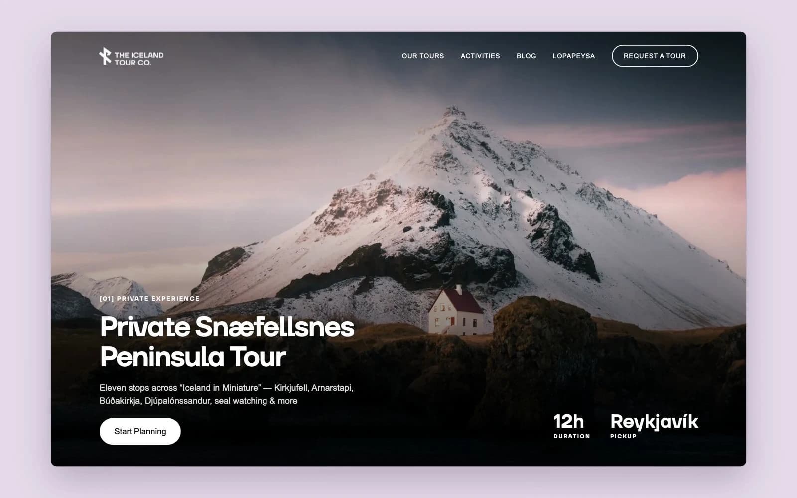 Animated private-tour hero, responsive gallery, itinerary accordion and enquiry date selection