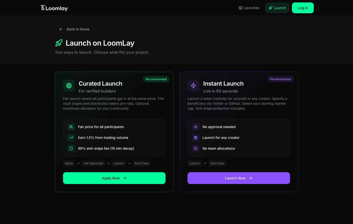 Loomlay launch page comparing curated and instant launch routes