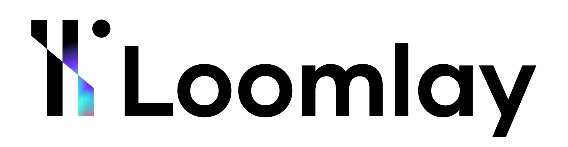 Black Loomlay wordmark with a cyan, violet and pink gradient crossing through the LL monogram
