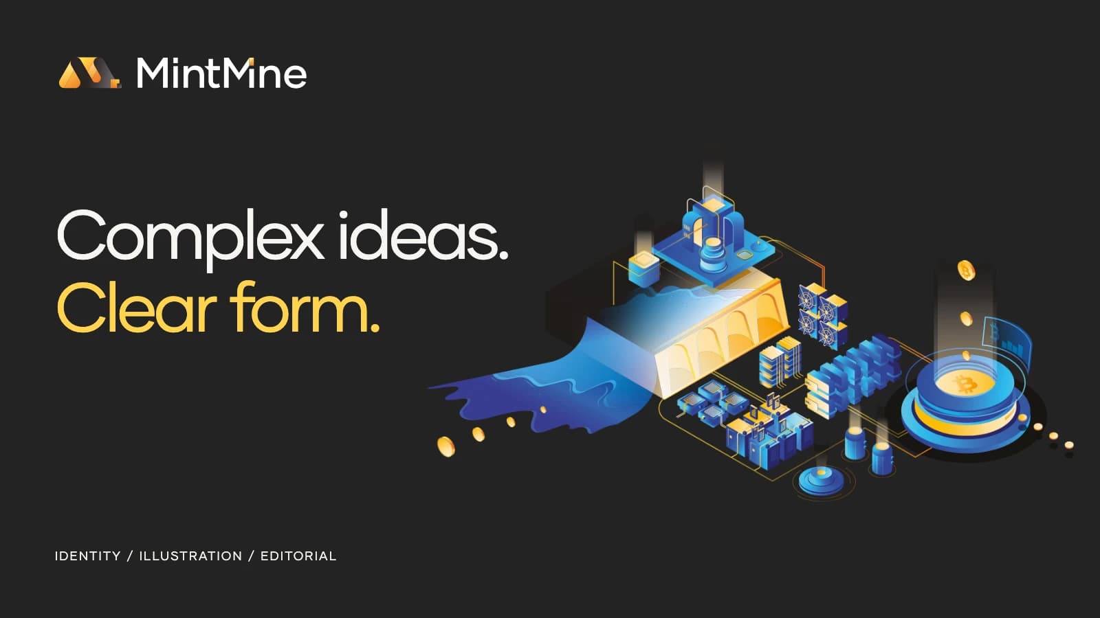 MintMine logo and blue-and-amber infrastructure illustration in an animated brand presentation