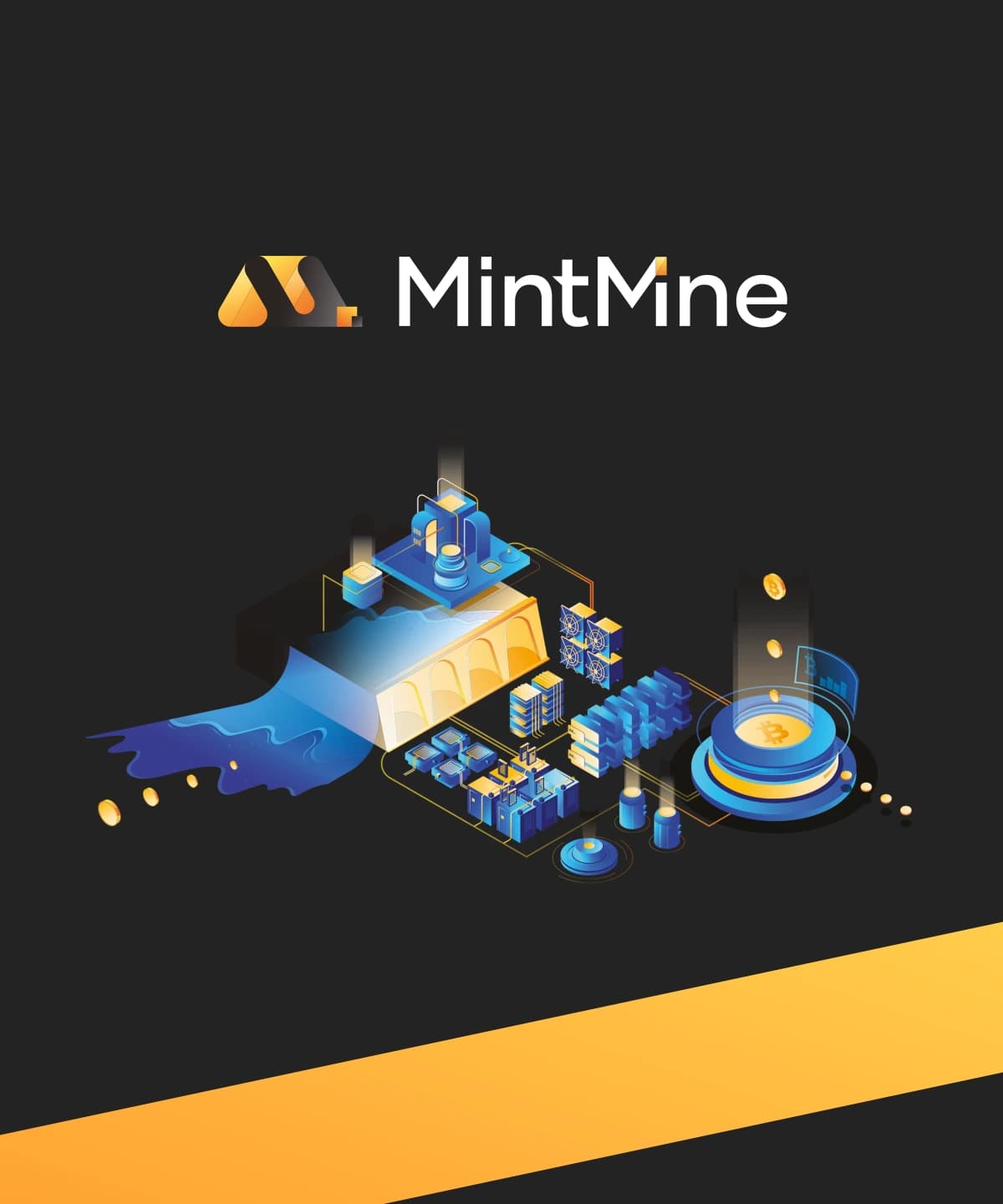 MintMine logo above blue-and-gold isometric infrastructure artwork on charcoal