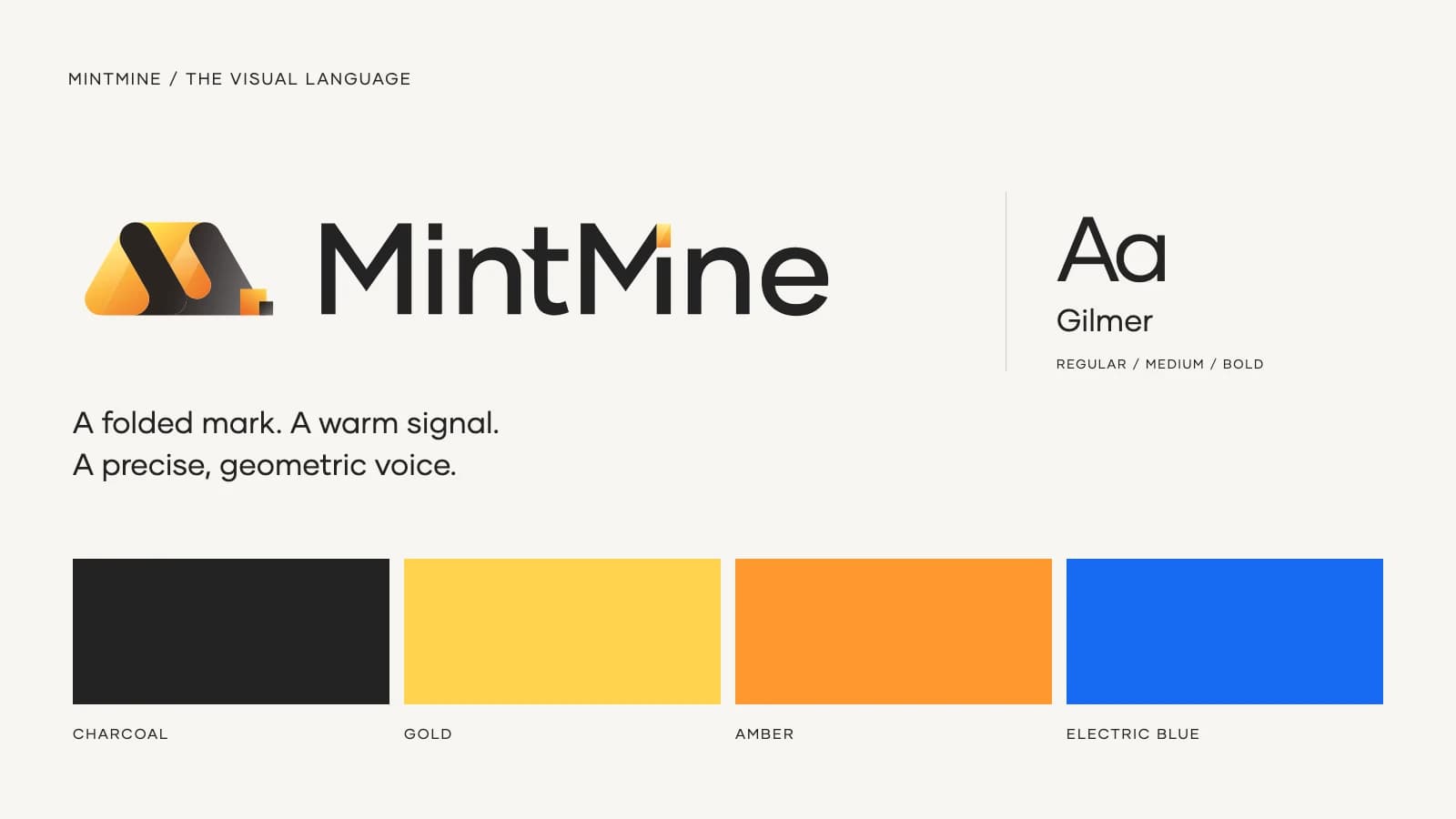 MintMine original logo, Gilmer typography and charcoal, gold, amber and blue presentation palette