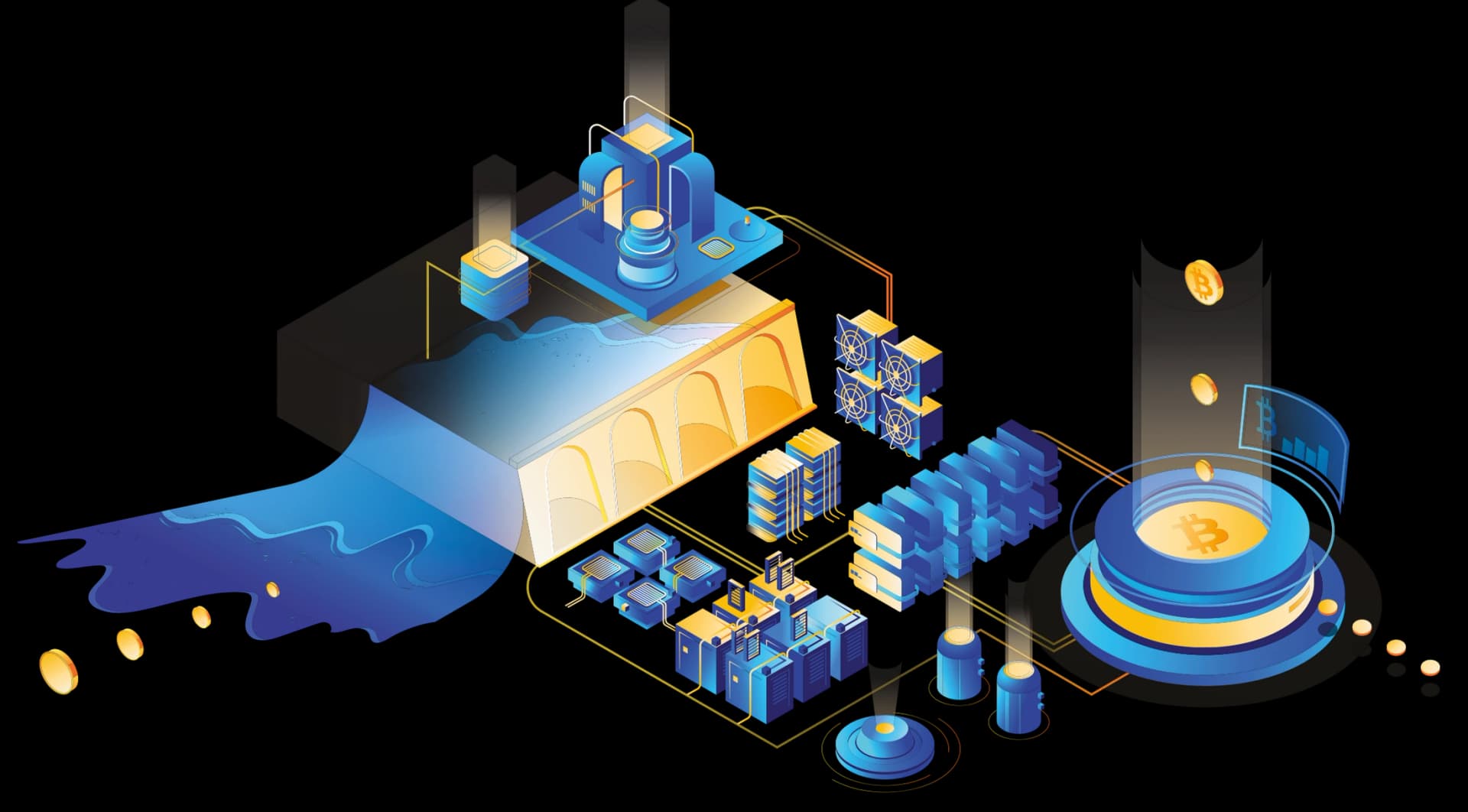 Original MintMine isometric illustration combining a hydro dam, computing hardware and network infrastructure