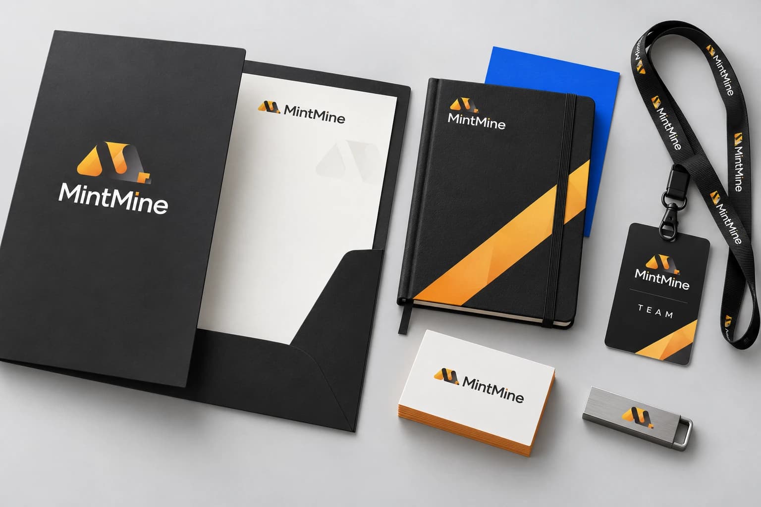 MintMine charcoal presentation folder, notebook, business cards, team lanyard, pass and USB drive concept