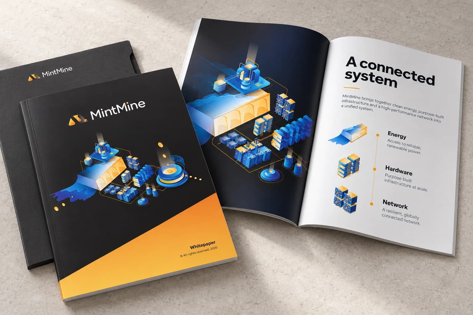 MintMine whitepaper and open editorial spread with blue-and-amber illustrations on textured paper