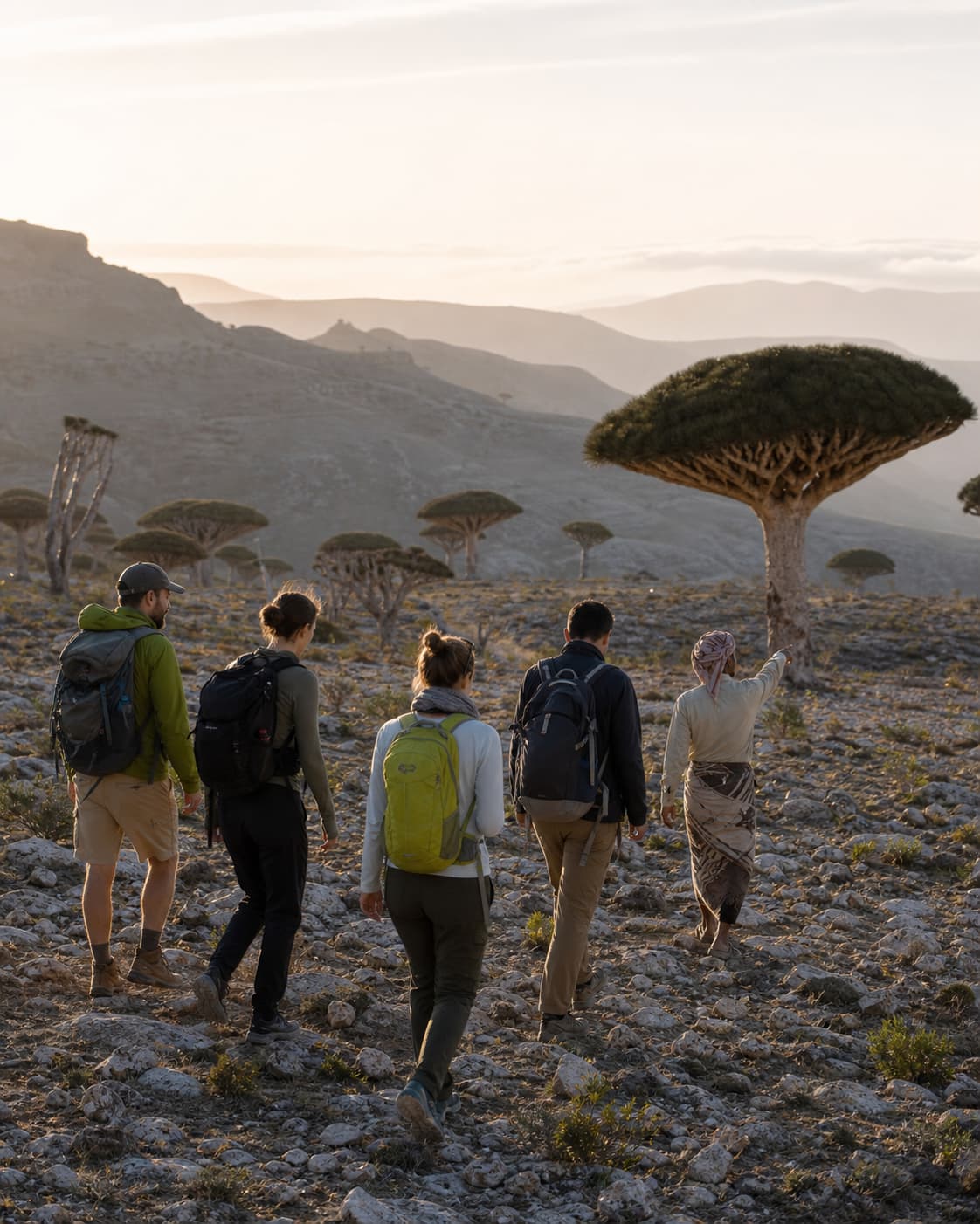 Art-directed concept of a local guide leading a small group through Socotra's Dragon's Blood tree plateau