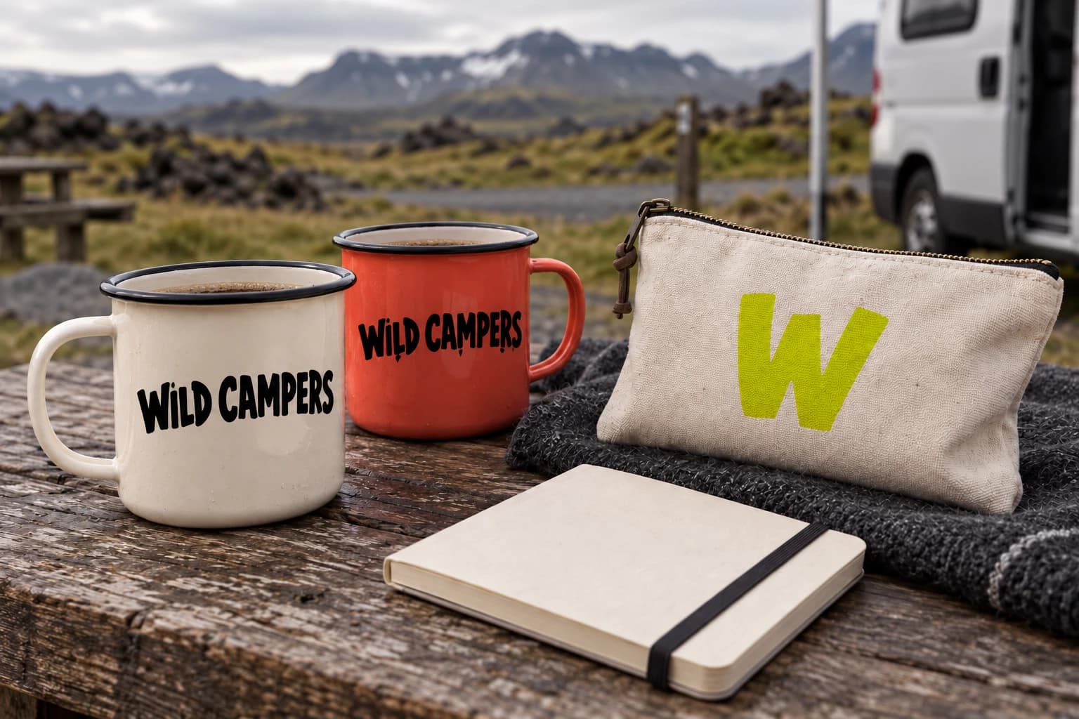 WildCampers enamel mugs and a canvas pouch with the W symbol on a campsite picnic table