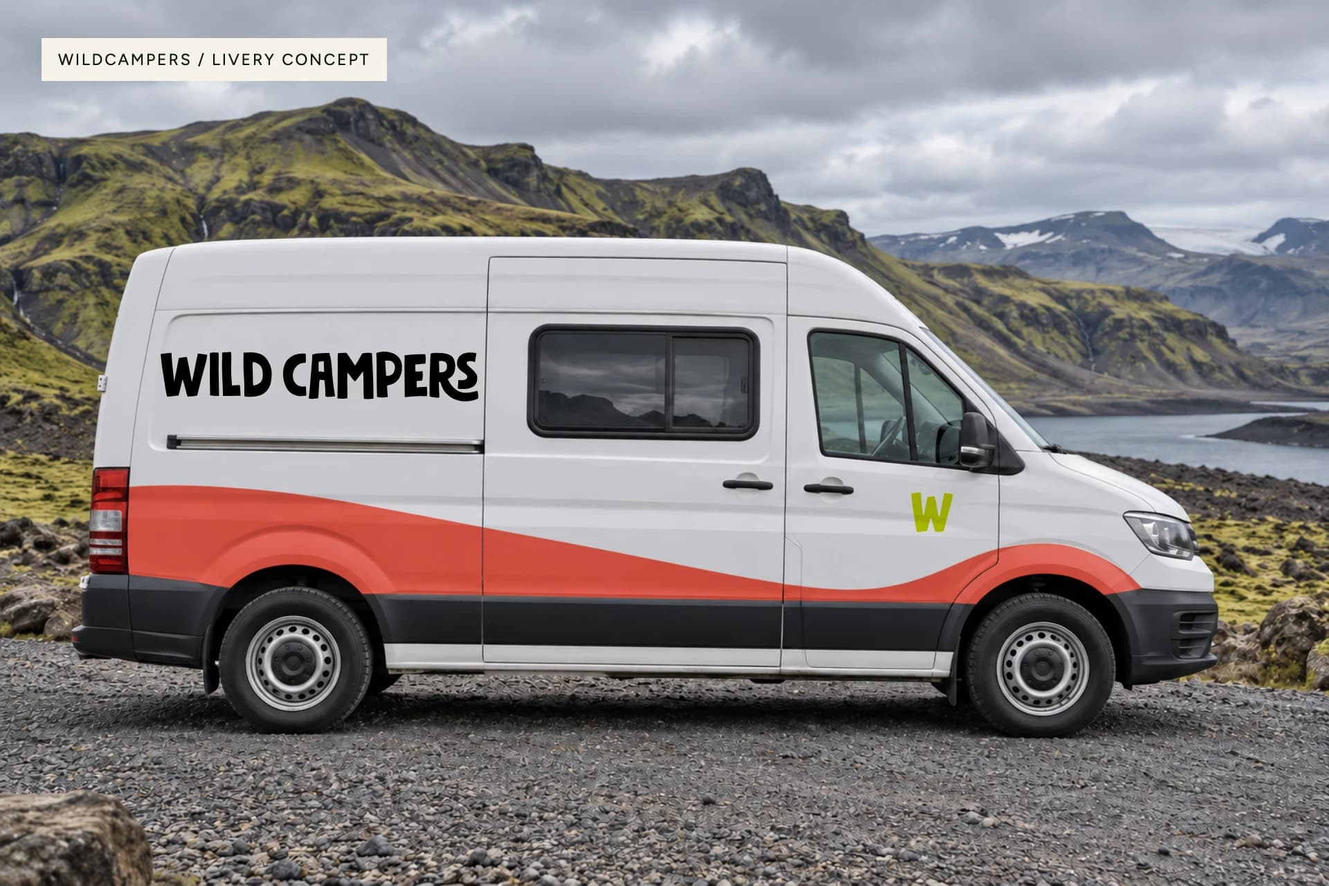 WildCampers livery concept: a white camper with a coral road stripe and bold black wordmark in an Iceland-inspired setting