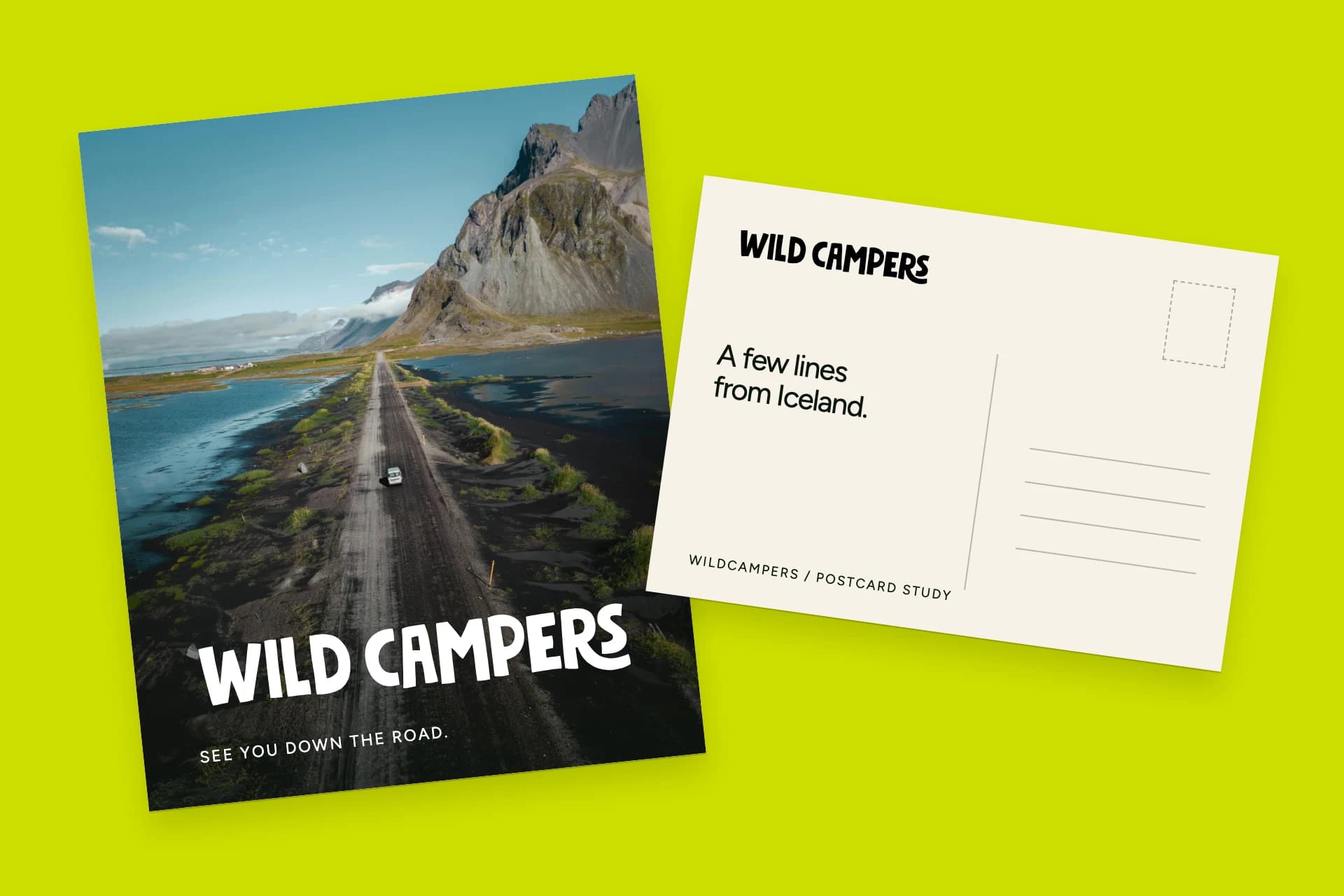 WildCampers postcard front with Icelandic road photography and a cream reverse for a handwritten message