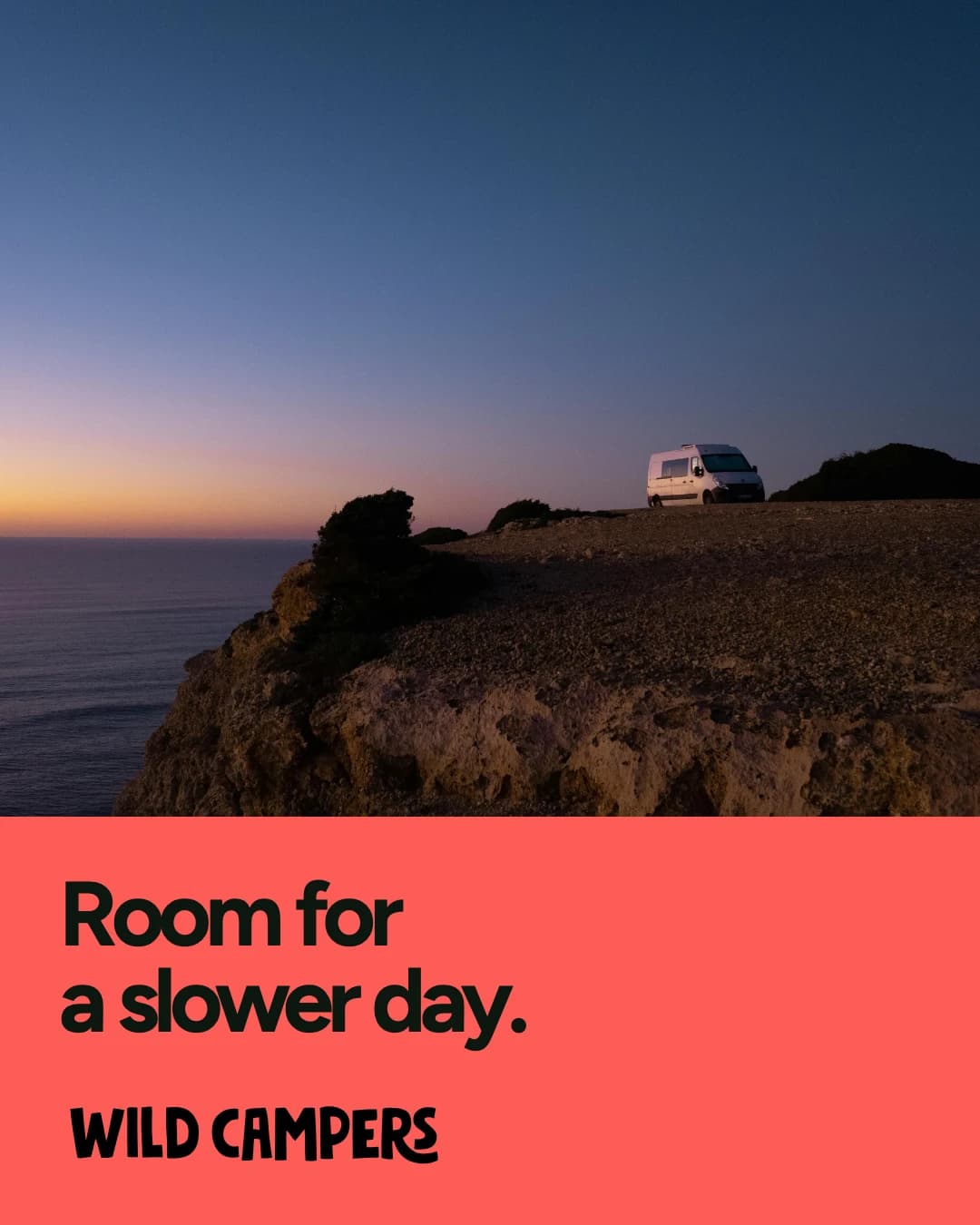 Camper at dusk above a coral panel reading Room for a slower day